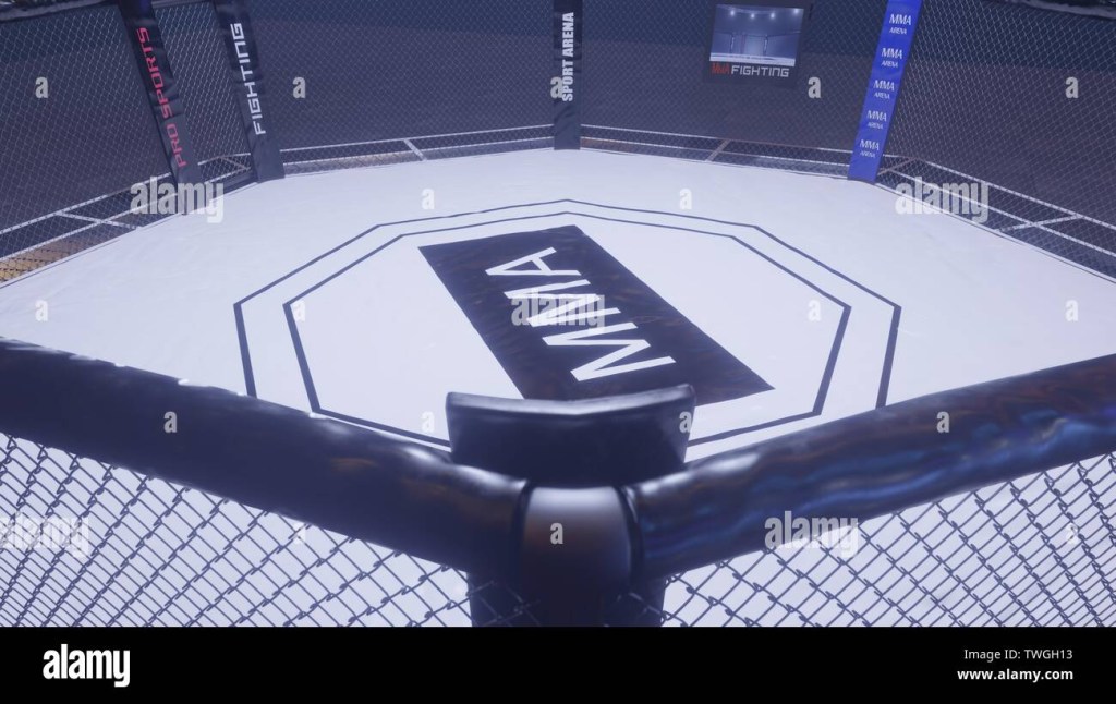 A d render of MMA arena fight cage under floodlights Stock Photo